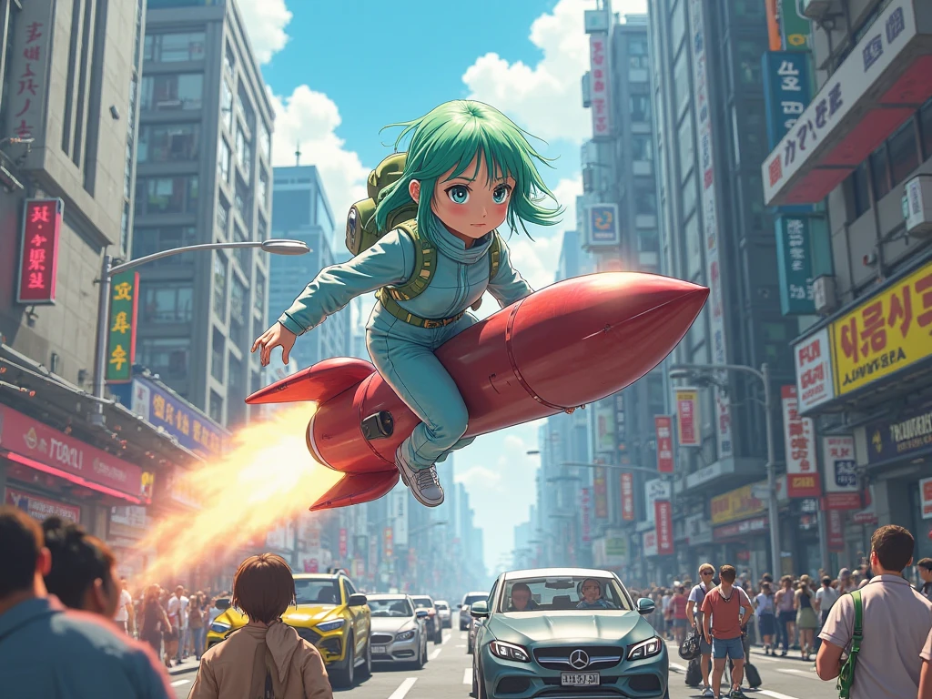 In realistic anime style, a girl with short green hair and a light blue spacesuit travels riding a rocket through an avenue full of vehicles, scaring people.