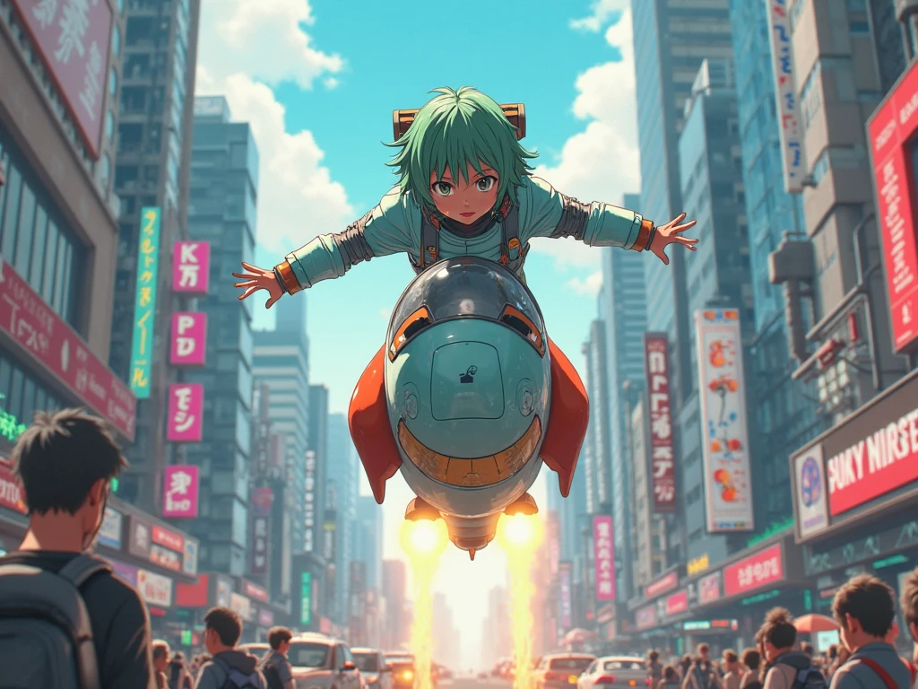 In realistic anime style, a girl with short green hair and a light blue spacesuit travels riding a rocket through an avenue full of vehicles, scaring people.