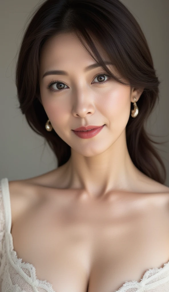 ((Highest quality, 8k, Ultra-high resolution)), ((masterpiece: 1.3)), (Perfect appearance), (Photorealism: 1.6), (JMA), (Who), (Portrait of a mature Japanese woman), (Pitch black background: 1.2), ((Realistic skin texture)), (Fine wrinkles appear all over the skin, Dullness, Unmoisturized skin, Wrinkles around the eyes, double eyelid, Lower eyelid tear sulcus, Dimples, (corner of the eye), Thin eyebrows), Bulbous Nose, Slightly parted lips, Smiling Kindly, BREAK(Red Lip),BREAK (Topless: 1.2), (Slimming body: 1.2), (Small breasts), (Small breasts), (Flat Chest: 1.2), (Flaky, saggy breasts), (Ungroomed pubic hair), (Completely naked),