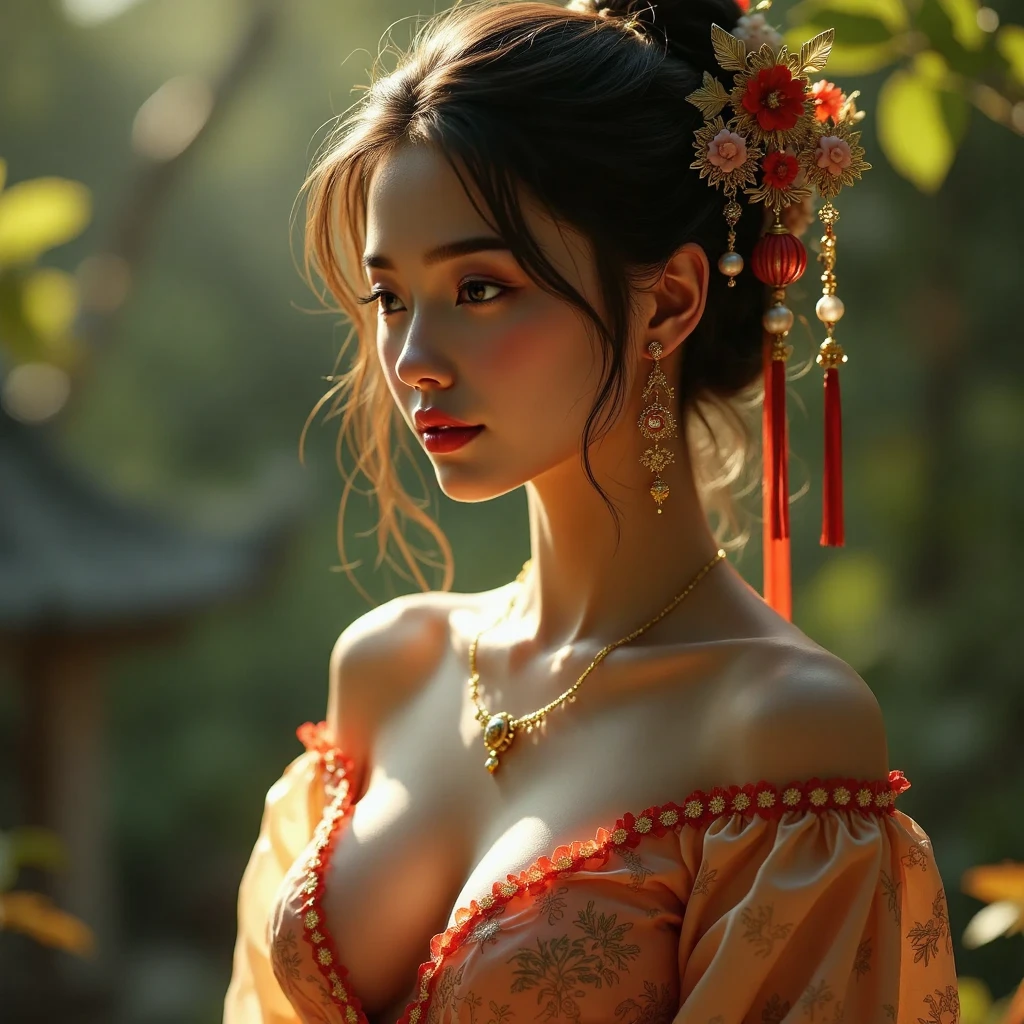 Highly detailed CG unit 8k wallpaper, masterpiece, High resolution, of the highest quality, of the highest quality real texture skin, super real, Digital paint, Better image quality, 最High resolution, 8k, ((very detailed eyes and face)), 1 girl, Beautiful eyes every detail., full body shot, (((sagging breasts, Gravity-dependent breasts, long chest, heavy chest, ))), ((Disproportionate breasts, huge breasts, Saggy breasts, giant breasts)), Chinese style embroidery, chinese dress, chinese dress, Ancient China,