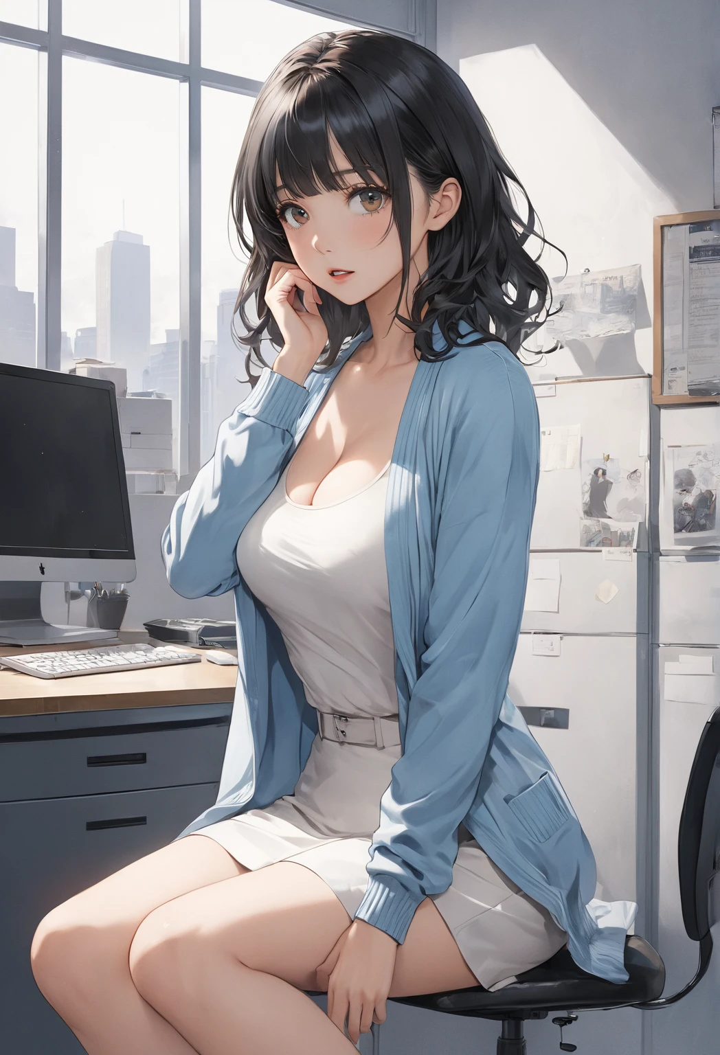 masterpiece, best quality, finely detailed, 1 girl, full body photos,facial expression of patience,(brown short hair), (bishoujo),(furrowed brow),(disapproving expression),(I want you to show me your pants while making a disgusting face), (fair skin),(brown eyes), (eyelashes), (huge breasts), (cleavage), (blue ladies' shirt:1.2), (mini office skirt:1.2),(white skirt), (pure white panties:1.2) ,can see panties, delicate interior design,legs open emphasis,erection,white walls，white office desk and chair, in company
