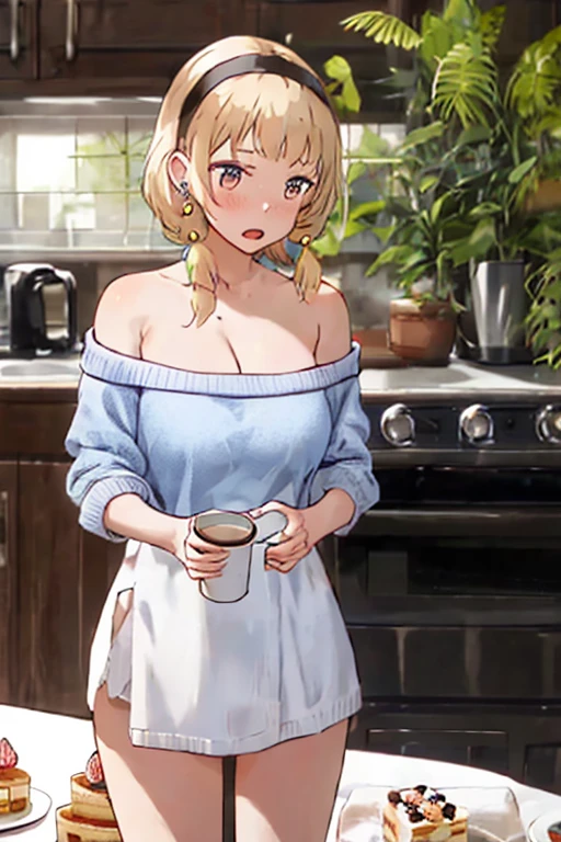 score_9, score_8_up, score_7_up, 1girl, solo, indoors, kitchen, tomboy, shy, blush, gyaru, standing, choker, looking to the side, big breasts, wide hips, medium long hair, bra, panties, wearing open oversized shirt, kitchen, holding a coffee cup in each hand, blush, offering a cup of coffee to viewer,
