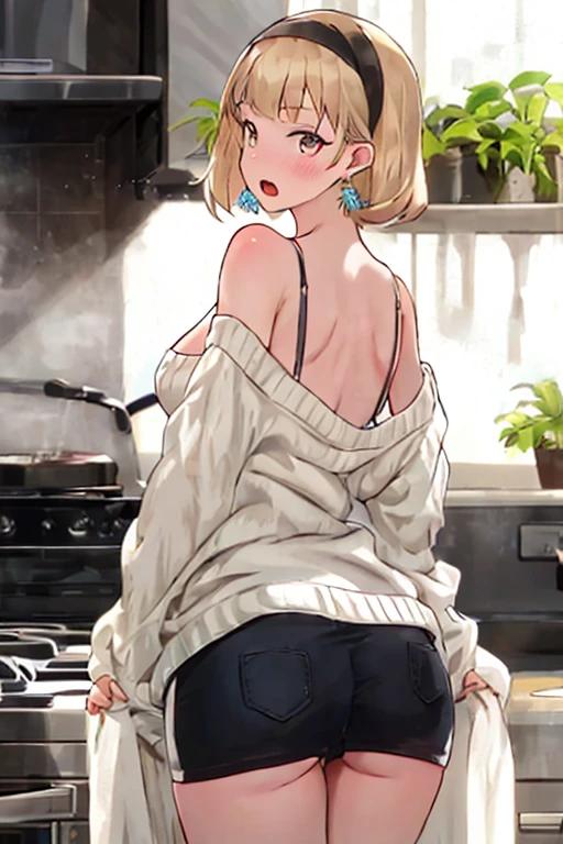 (anime style),masterpiece, best quality, extremely detailed,16Year old,tanned skin,dark skin, Beautiful body,glamour breasts,BREAK,multicolored colorful blonde hair,short hair,hair slicked back,BREAK,black eyes,wedding ring,shy smile,open mouth,half closed eye,detailed lips,open legs,BREAK,cotton black big ribbon,BREAK,yellow a sweater with vertical stripes,kitchen apron,off shoulder,navel,break,head tilt,in the kitchen,have a vegetables,put one knee on the desk