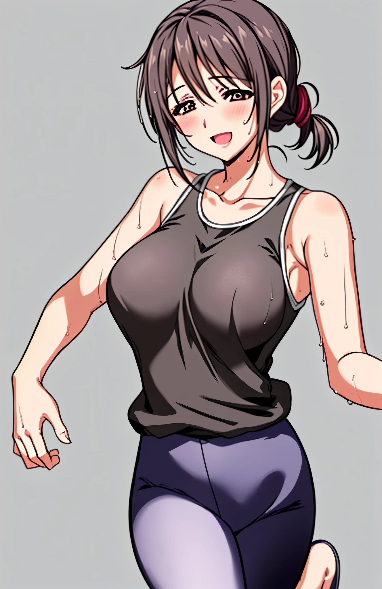 Mature Woman、Image of a single person、full body image、45 years old 、 hair tied、black hair、 、My whole body is sweaty、、 clothes are wet 、tank top、training pants、running、smiling expression、 simple background、solo, solo, She turns to me and smiles.、