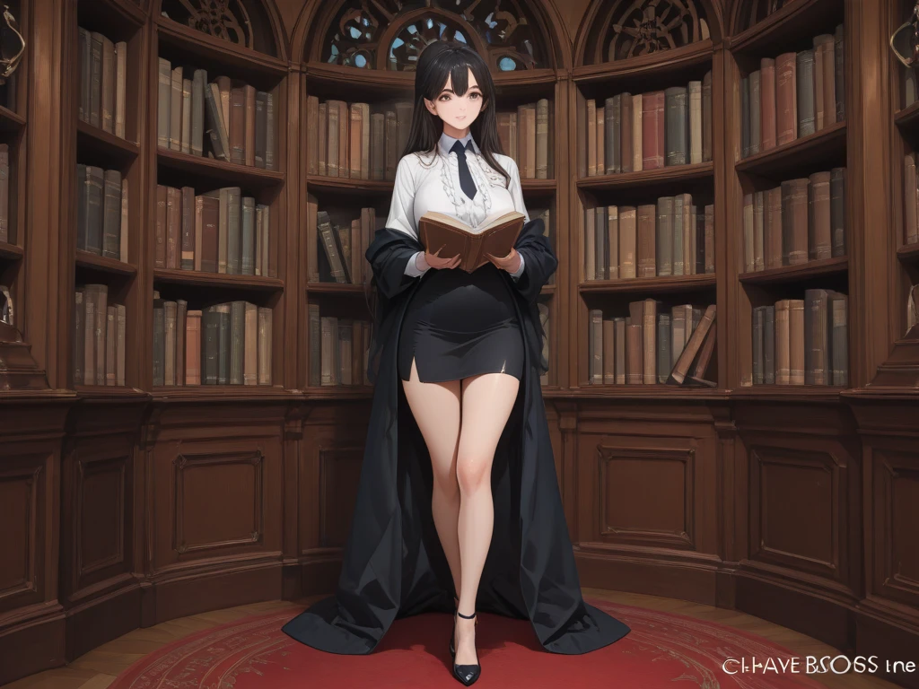 (highres, high quality:1.3), intricate details, vibrant image, sharpness, colorful,
luluffx, mature female, 1girl, solo, standing, , front view, , indoors, torch lighting, medieval library, bookshelf, rock walls,
black hair, single hair bun, (hair over one eye, one eye covered:1.1), lipstick, makeup, detailed hair, purple necklace,
off-shoulder dress, black dress, strapless, fur trim, black gloveultiple belts:1.1), (black thighhighs:1.1), garter straps, (high heel boots:1.1),
curvy, thighs, gigantic breasts, covered ass,