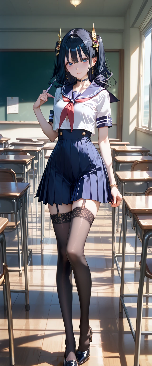 ((top quality, ultra-detailed, high resolution, extremely detailed CG, unity 8k wallpaper, by famous artist, perfect anatomy, super detailed skin, cinematic lighting, UHD, retina, anatomically correct, 1080P)), (Please draw a single one happy girl walking in a classroom school :1.3), ((1girl)), (Solo, face,13-year-old:2.0), a junior high school student, ((cute petit girl, chibi, babyface)) androgynous charm, (Medium hair, ((full red hair)) ((redhead)), pigtails, straight bangs, with a bow in her hair, ((very thin legs)), ((skinny legs, thin body, small build)), Full limbs, complete fingers, ((perfect fingers and hands)), flat chest, small breasts, childish body, small butt, groin, Beautiful detailed full yellow gold eyes, perfect eyes, sailor , ((blue skirt)) and white blouse, ((red bow on the blouse)), blue sailor collar, short sleeves, without stockings, (Detailed Lighting), ((classroom background)), (Detailed scenary background), ((in the school zone)), full body view, ((standing)), legs. Cute, kawaii single girl (one girl), full body shot. ((Background is the school)), front body, ((left hand up, right hand down)), ((little young body:1.3))