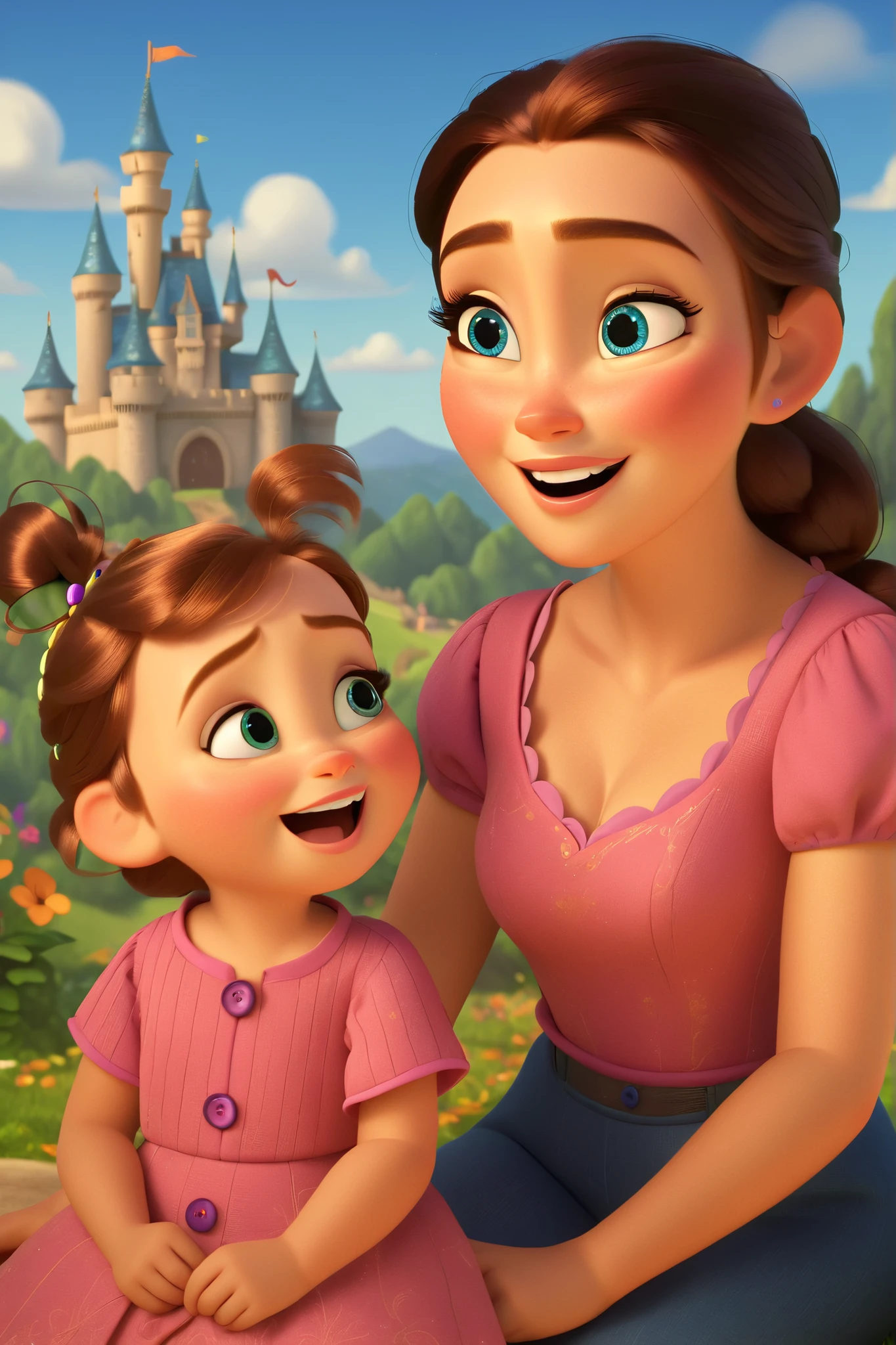 A delightful Disney Pixar-style 3D animated family portrait set in a fairytale world. The scene features a mother and  dressed in matching pink outfits, with the 's dress adorned with charming buttons and the mother's top elegantly complementing the theme. The attire is rendered with high attention to detail, showcasing the soft textures and vibrant hues typical of Pixar's animated style.

In the background, a majestic castle rises against a bright blue sky, its towers topped with fluttering flags. The castle is nestled amidst lush greenery, adding to the magical and storybook setting. The lighting is soft and warm, casting gentle highlights and shadows that enhance the depth and realism of the scene.

The characters are posed naturally, capturing a moment of joy and connection, reminiscent of the heartwarming narratives found in Pixar films like Tangled and Frozen. The scene embodies the enchanting and whimsical essence of a fairytale moment, bringing to life the wonder and charm of an animated world.

Rendered in ultra-high quality, featuring smooth Pixar-style shading, detailed soft textures, and a vibrant color palette, this scene captures the magic of family in a fantastical setting.