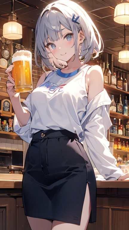 (masterpiece:1.2, best quality), (highly detailed:1.3), 1girl, medium hair, white hair, unkempt hair, braid, loose t-shirt, leaning forward, small , , sitting in bar, drunk, evening, extended downblouse,