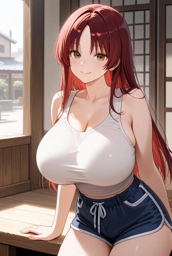 (Masterpiece, Best Quality, High Quality), professional artwork, well drawn, Intricate Details,solo,in village , Kousaka honoka, afternoon, milf, curvy body, navel , ultra detail hair, ultra detail face, perfect eyes, earring, blushing, embarrassed, latex white tank top, latex breasts, micro shorts,side breasts,big breasts