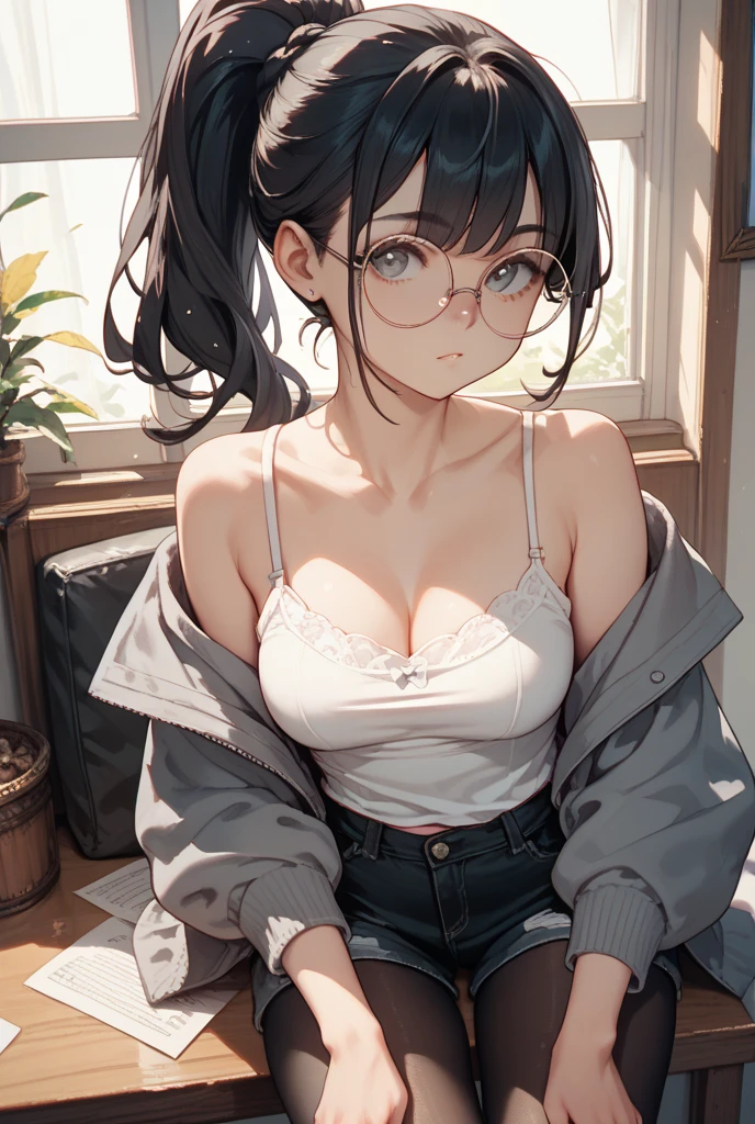 (masterpiece:1.2), Highest quality,sexy,Big Breasts, alone, Colored glasses, jewelry, hair ornaments, View your viewers,One girl, short hair,Earrings, whole body, hair 花, Colored glasses, sunglasses, necklace, bangs, Gray Hair, Round Glasses, Earrings