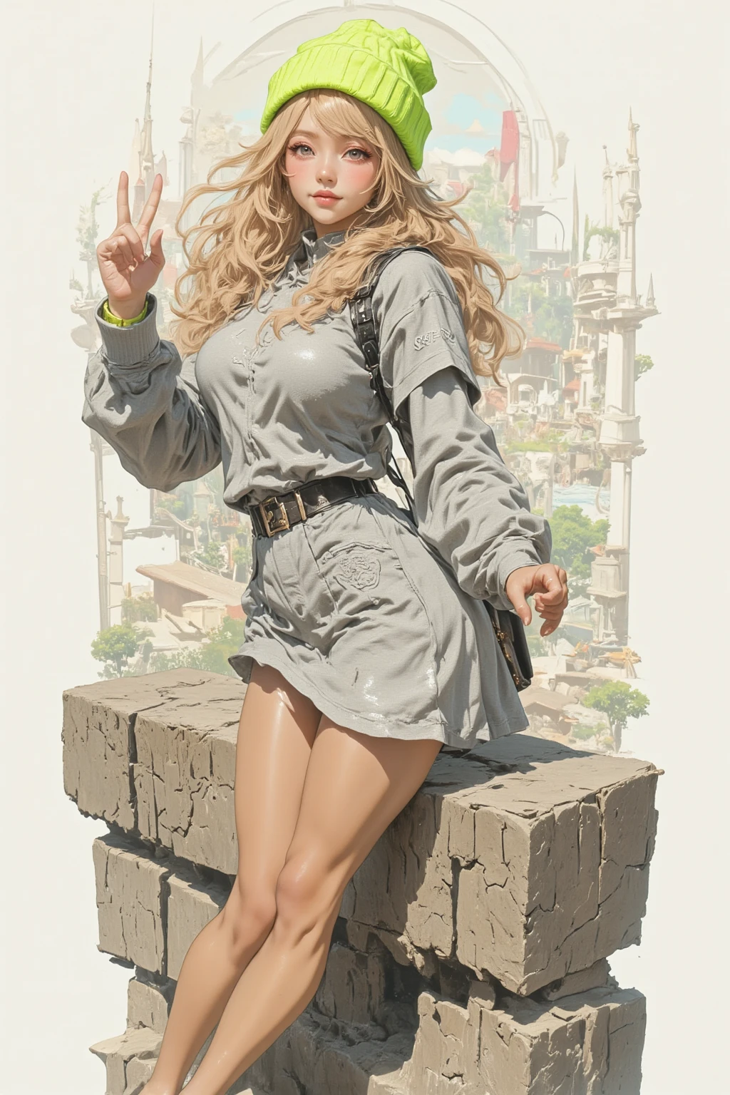 clouds, gtscity, cityscape, mountain ranges, shoes, long platinum blonde hair, green eyes, smirk, big tits, good anatomy, correct anatomy, stomping on city, stomping city, wearing shoes, stomping