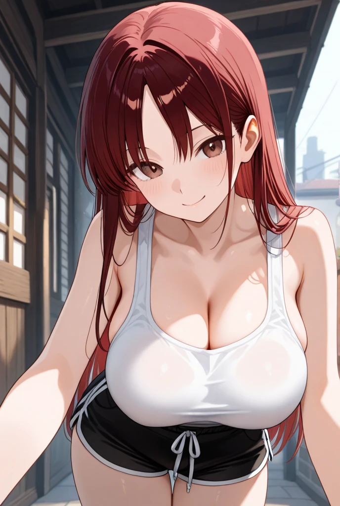 1girl, solo,underwear, navel, breasts, realistic, long hair,, lips, looking at viewer, brown hair, collarbone, ,blue eyes, sitting in a sofa, cowboy shot, smiling,sweaty body, legs open wide, dynamic pose, sweaty armpits, indoors, looking at viewer, embarrassed, camisole, dolphin shorts, slim waist, watching tv