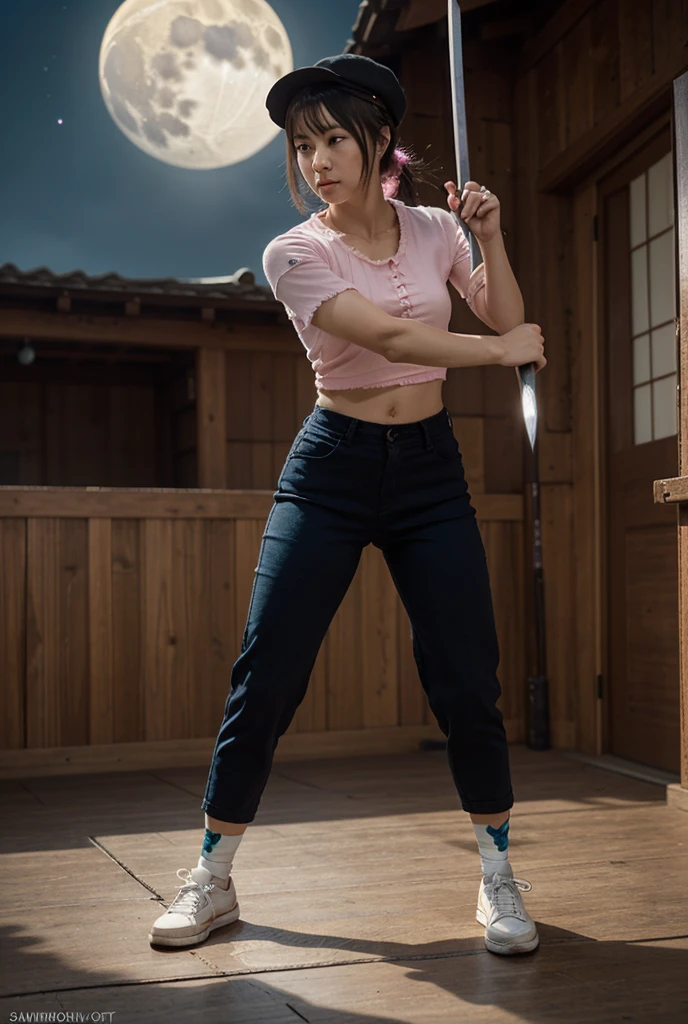 cameltoe, a woman standing in a blue top and a tight fitting white panties, 1woman, (solo woman) arrow stab the belly button exposed.