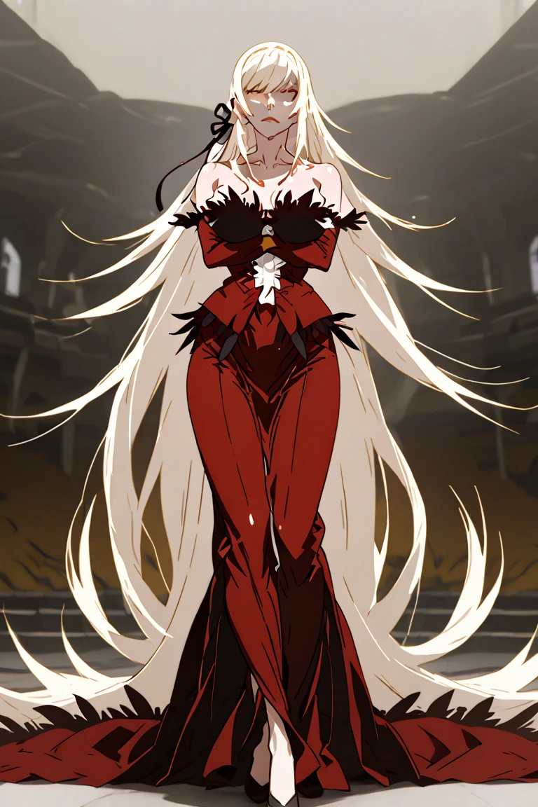 high resolution, masterpiece, high quality, perfect face, <lora:DarkFina:.8> Dark Fina, red top, detached red sleeves, black skirt, black veil, white flower headpiece, (surrounded by red snakes), large breasts, seductive smirk, red lipstick, ((extremely glossy))