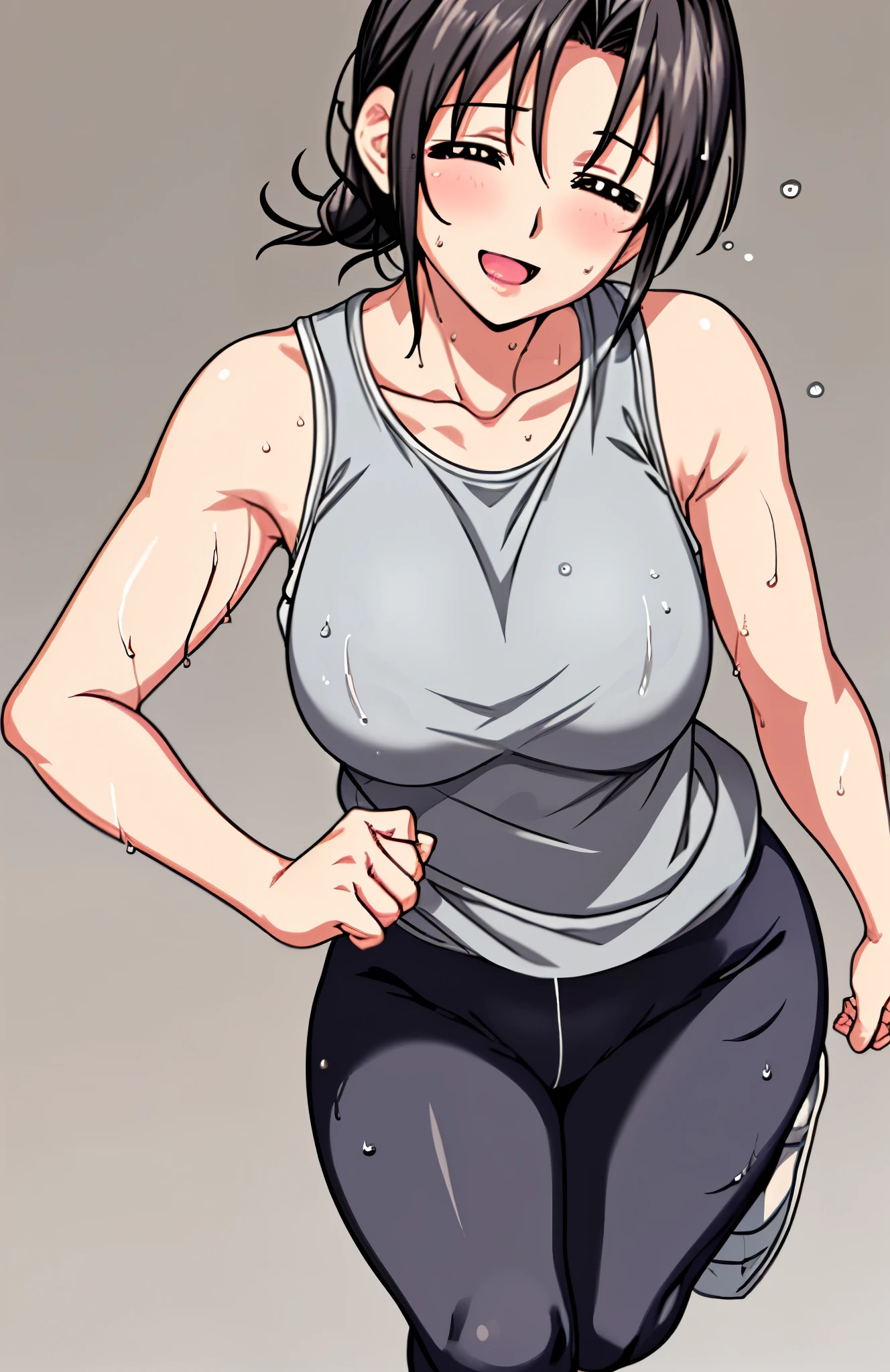 Mature Woman、Image of a single person、full body image、45 years old 、 hair tied、black hair、 、My whole body is sweaty、、 clothes are wet 、tank top、training pants、running、smiling expression、 simple background、solo, solo, She turns to me and smiles.、