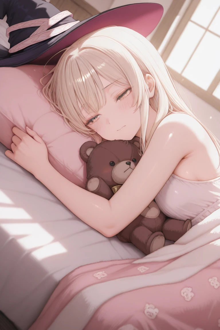 (Highest picture quality), (Master's work),(Detailed eyes description),(Detailed face description), 1girl, shiina mahirum yellow eyes, 1girl, solo, lingerie, panties, bra, strap slip, blunt bangs, floating hair, long hair, midriff peek, looking at viewer, side view, fang, (hugging stuffed animal, hugging plush:1.2), indoors, bedroom, sitting, on bed, solo, chocker, curled up, legs together