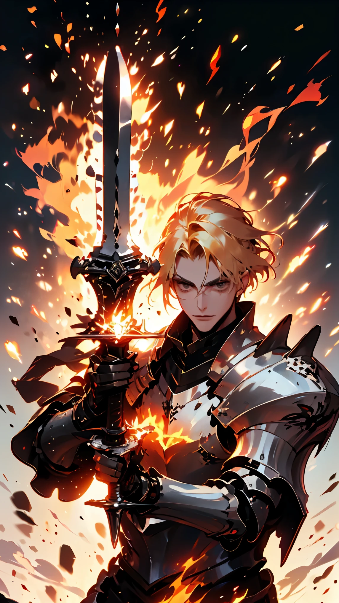 ((best quality)), ((masterpiece)), (detailed), perfect face, Western-style knight, metal armor, intricately decorated weapons featured in games, sword, male, short hair, blonde, metal gauntlets, In the Flames, on the Battlefield, Fantasy novel protagonist, hero, to hold a weapon, to wield a weapon