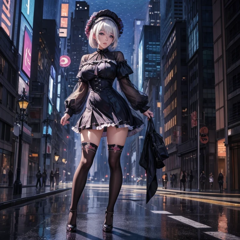 A tall beauty, wearing black stockings, walking down the street at night --auto --s2