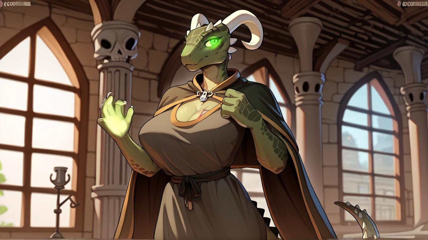 score_9, score_8_up, score_7_up, score_6_up, sfw, anthro, solo focus, (fisheye angle:1.5), backlit, dynamic pose, female anthro dragon, golden scales, golden scalie body, (glowing blue eyes:1.2), dark green cloak, dark green hood, (dark green embroidered robe:1.3), exposed midriff, exposed thighs, athletic physique, wide hips, large breasts, gothic architecture