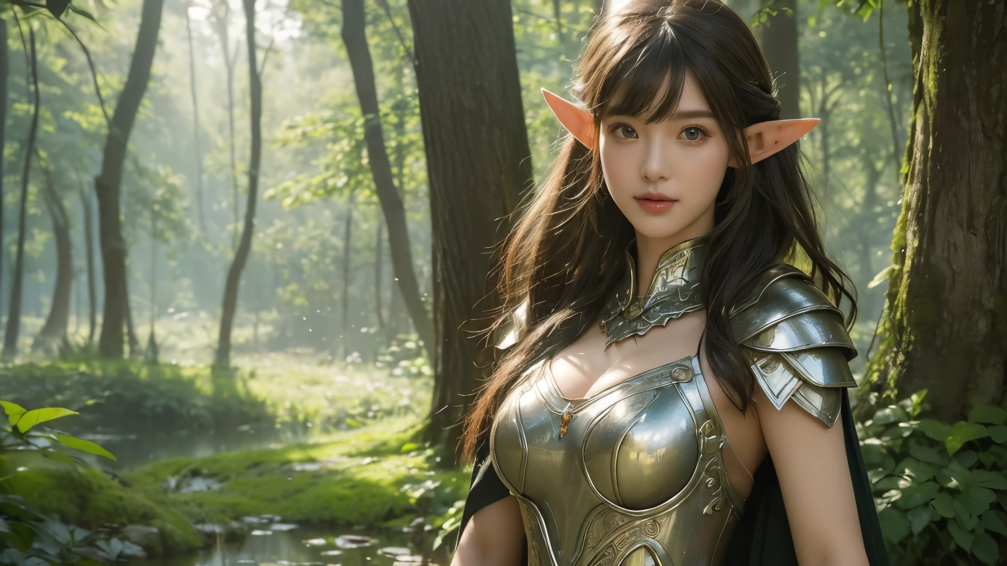 masterpiece,best quality,high resolution, 8,000,(Portrait Photos:1.5),(R Original photo),Real Photos,Digital photography,(奇幻风格的Forest City),Forest City,( Female Elf Warrior ,gorgeous armor ), 20 year old girl, random hairstyle,Through Bangs,( big breasts,Keep your mouth shut,Keep silent,Elegant and charming ,Smile,(fantasy style dress,Photo poses, Realisticstyle, oc rendering reflective texture, Upper Body Lens ,looking into the camera