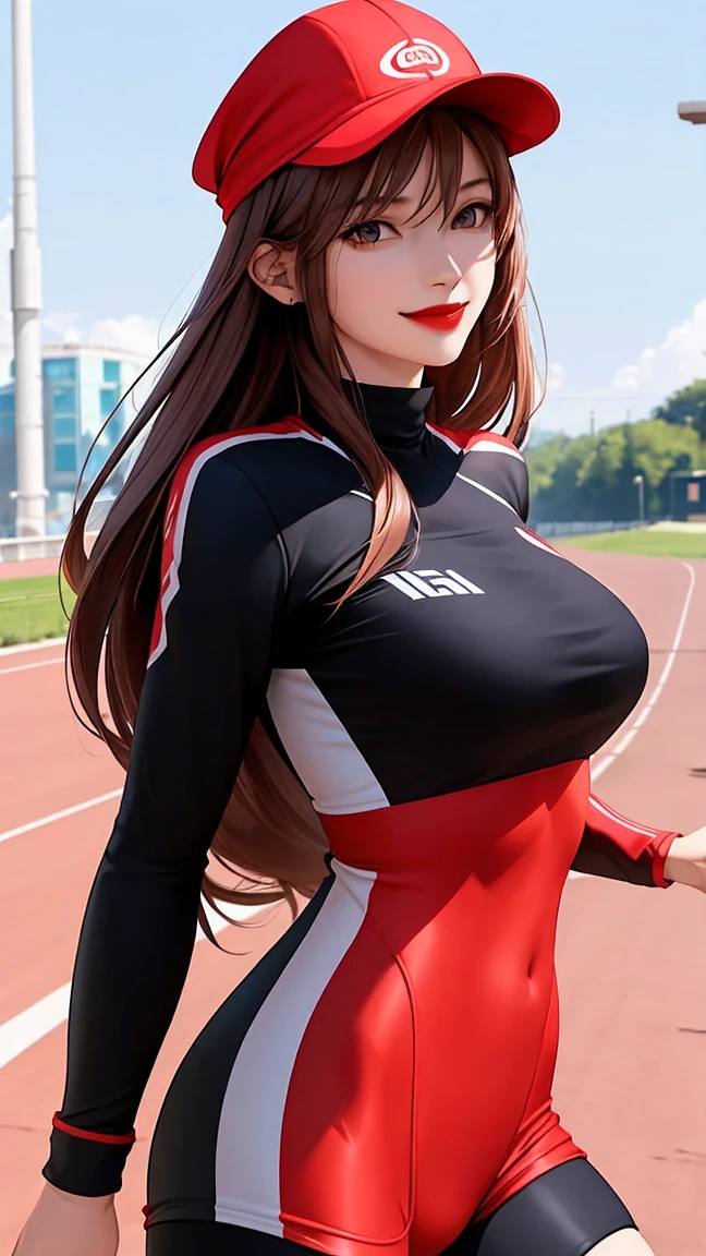 masterpiece, Red hair with a symmetrical face, Thin and athletic 18-year-old woman with medium breasts competes in a 100-meter dash race, 25% ultra-short and tight competition clothing, ((intricate details)), natural light, running track, professional photography, wallpaper