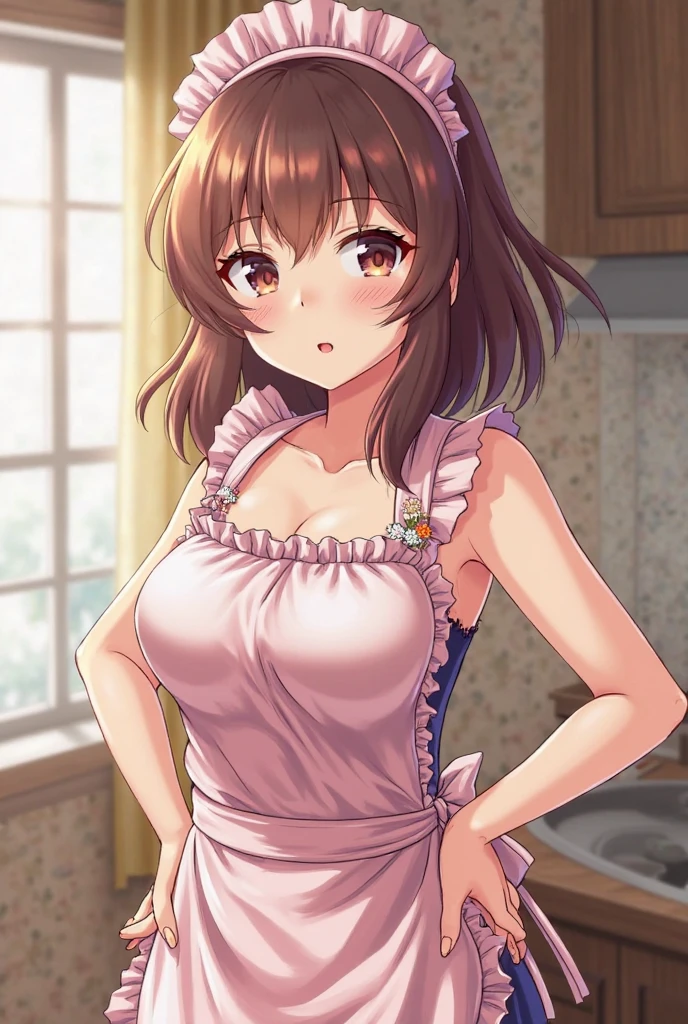 High resolution,masterpiece, Highest quality, Kuo Shenlin , heterochromia , Brown hair, (((busty))),1girl, sensual body, Her cheeks flushed , apron ,NUDE , kitchen , cooking