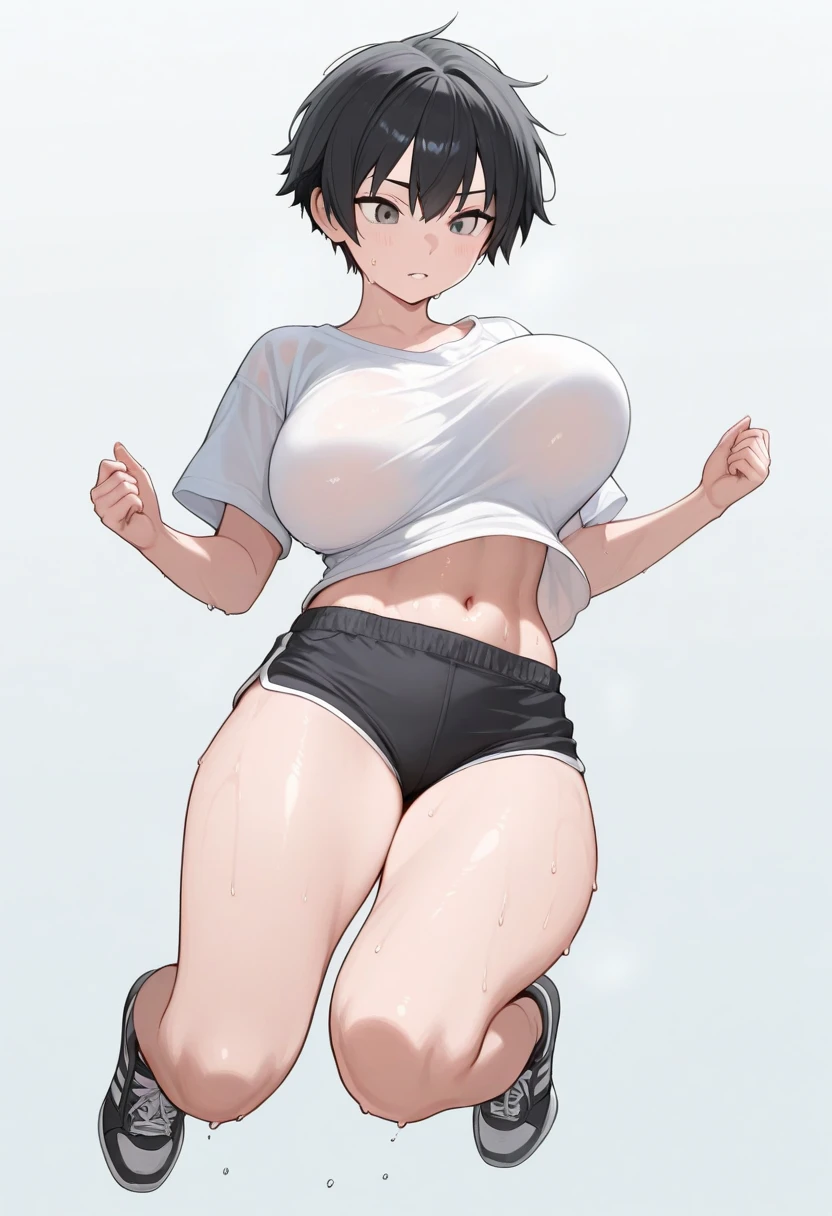(solo), skinny girl standing in primary school, arms behind back, (very short tight brm), (thigh gap:1.2), (gym uniform), (swaying back), (show off cameltoe for viewer:1.2), (bursting huge breasts:1.2), (disproportionately huge breasts), BREAK, long (skinny legs), BREAK, school buildings in background, BREAK, nsfw, orgasm, (pussy juice), expressionless, coverd erectile nipples, (coverd erectile clitoris)