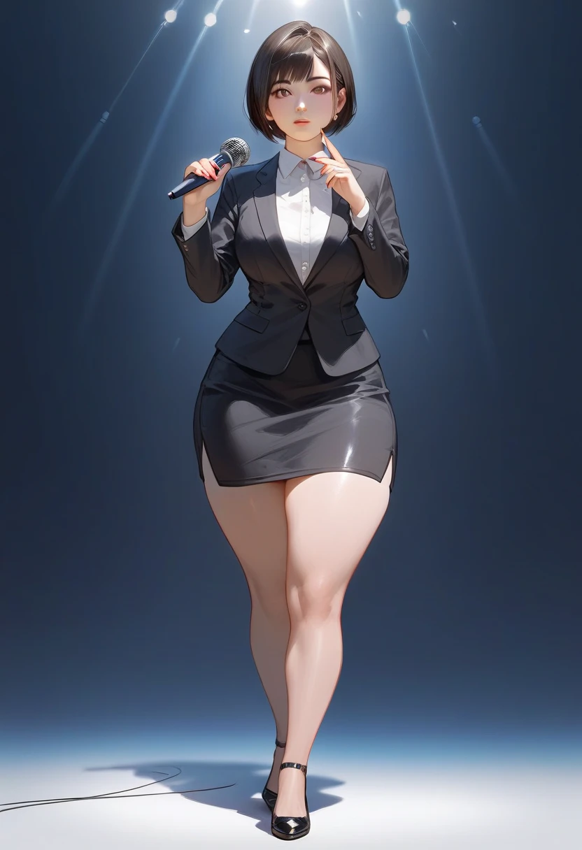 (score_9,score_8_above,score_7_above) 1 asian lady, Alone, mature woman, (short black hair), bob hairstyle, hits, almond eyes, (lasts), fitted black jacket, (tight pencil_Skirt), empty expression, pale, ((thick thighs)) ((flat shoes, black shoes)) ((Wide hips)) standing aboveright, full body shown, holding the microphone, journalist, busty, thick legs, thick thighs, massive thighs, big soft thighs, thick thighs pressed together, asian woman, hourglass figure, staring at camera, asian details, Looking forward, long nails, Clear nail polish with detailed face, staring, Detailed hands