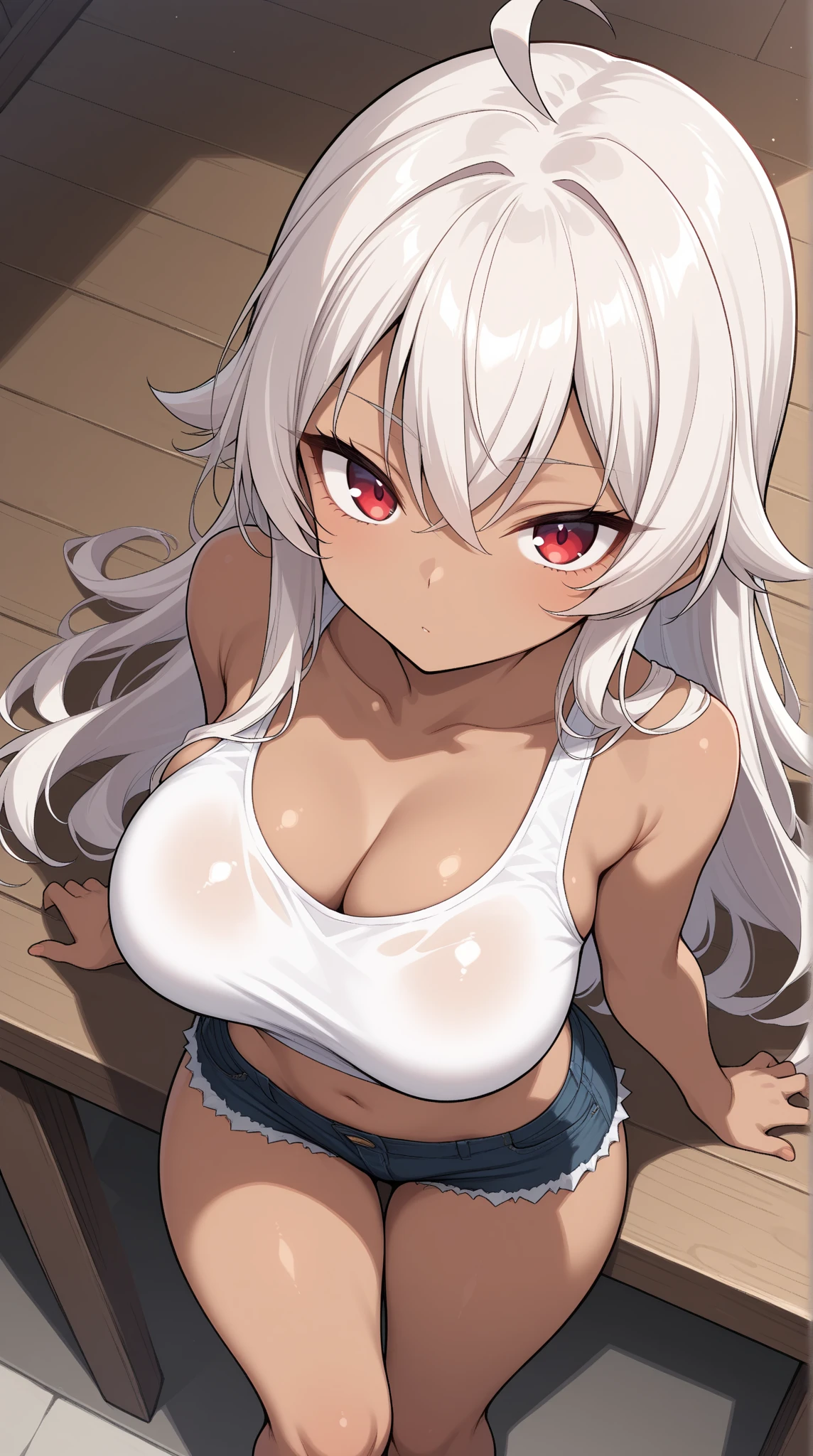 best quality, amazing quality, very aesthetic, absurdres, (1girl, mutsuki, blue archive, solo, red eyes, white hair, side ponytail), (realistic face:0.7),(open shirt:2), (grin, lowleg bikini, ), nsfw, (cowboy shot), (glowing eyes:1.1), (half closed eyes:0.9), (thigh), expressive eyes, perfect face, 4k, extremely detailed anime illustration, extremely detailed eyes, perfect anatomy, light rays, extremely delicate body, smooth skin, (gray background:1.5), clear eyes, beautiful face, small breasts, (Chiaroscuro:1.5), (highres:2), cinematic
