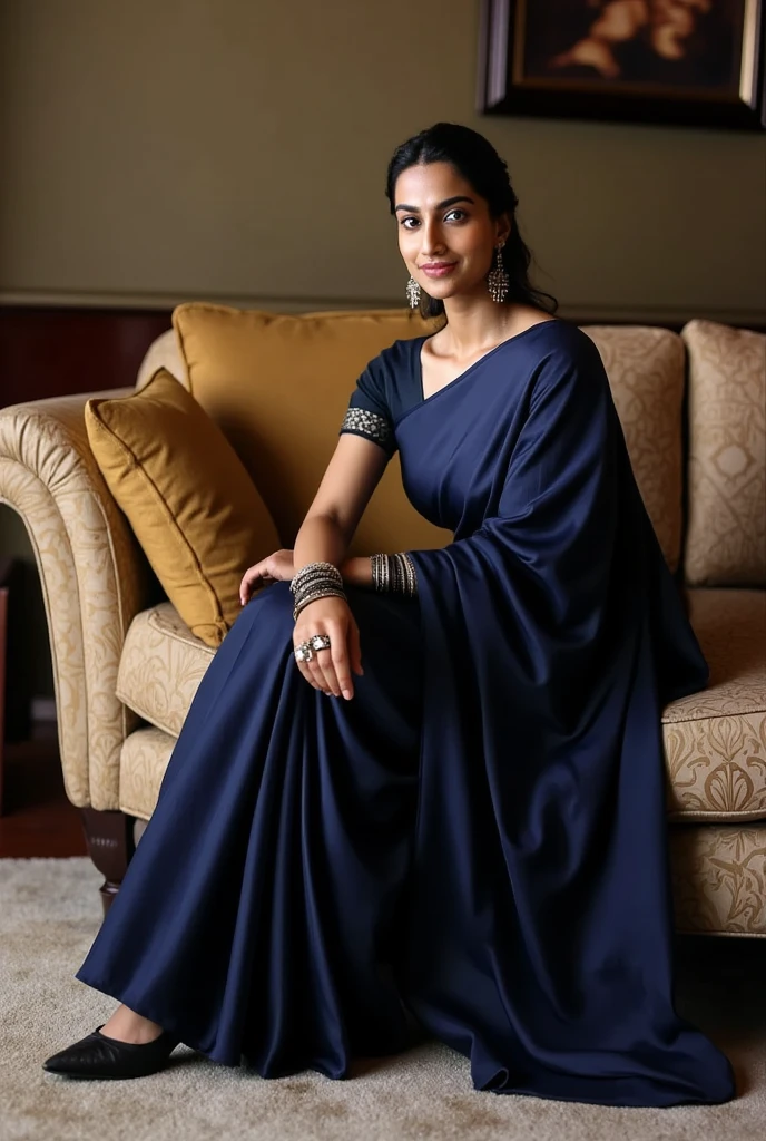 Tanvi in a navy blue floor-length Anarkali suit. Close up look. Realistic, best quality image.