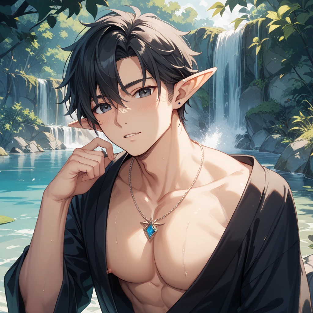 (absurdres, highres, ultra detailed), 1 male, elf adult, handsome, tall slender guy, narrow shoulders, finely detailed eyes and detailed face, messy shaggy black hair, side bangs, bangs, green eyes, sexy twink, shirtless, fantasy, slave, rouge, Forest barn, tied up, arms up, tired, out of breath, Scenery, portrait