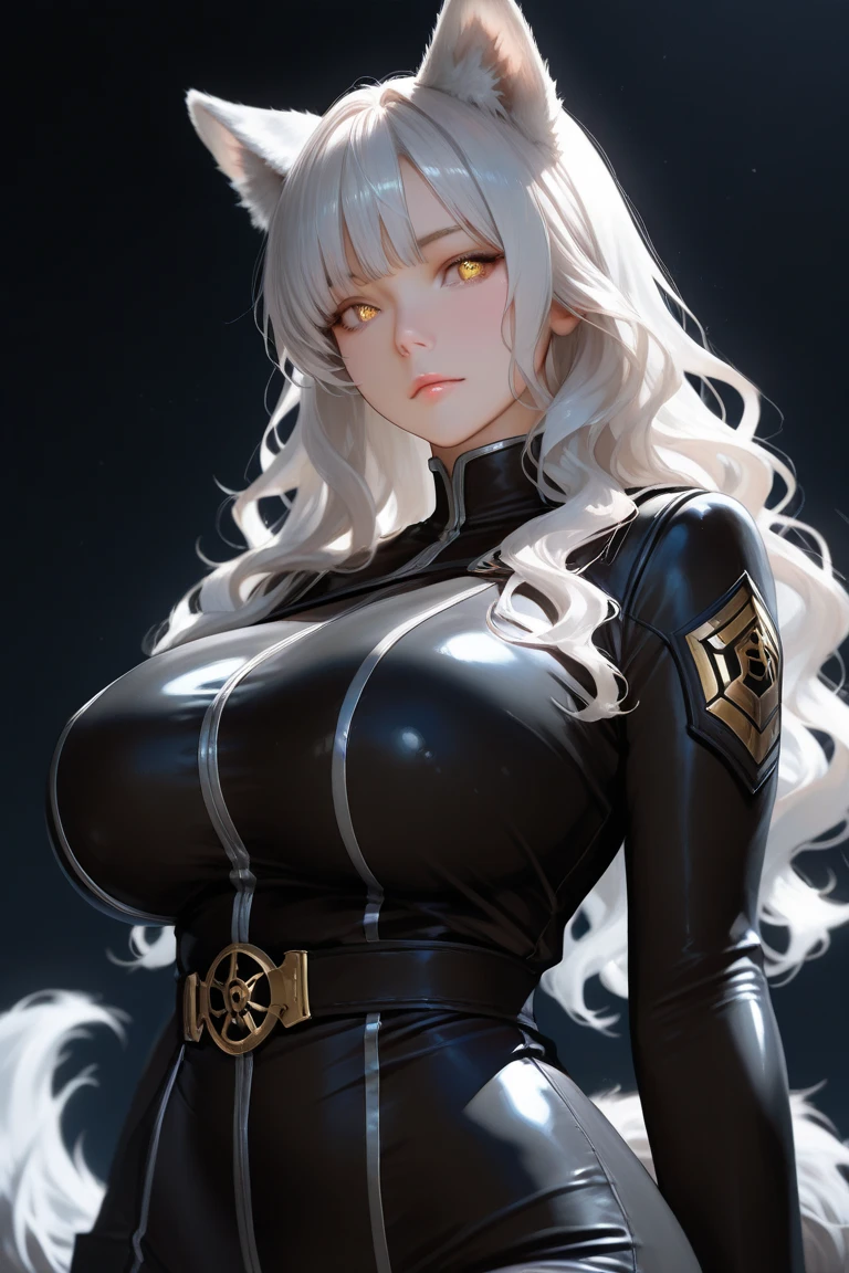 (best quality:1.5, highres, UHD, 4K, detailed lighting, shaders), white wavy haired, gradient hair, large breasts, suit, social long pants, mature woman , (pov), white background, colorful eyeshadow, dramatic lighting, sparkling eyes, sensual expression, golden earrings, flowing hair, delicate facial features, soft skin, high cheekbones, urban setting, white background, dont look for the camera, lean forward,