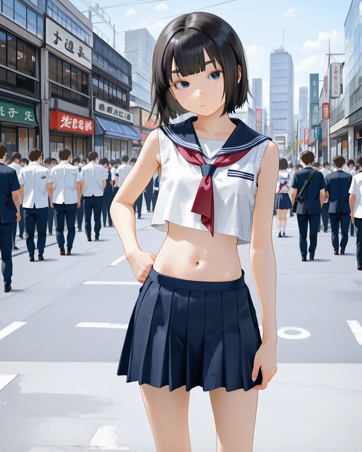 ((masterpiece)), (HQ), (4K), (high detailed), (((best quality))), (detailed face), (beautiful, cute, pretty girl), (15yo teen girl), ((ponytail)), ((small medium breasts)), (((topless))), (blushing:1.5), (bare stomach), (bare shoulders), (bare neck), (bare arms), (bare chest), ((((dark blue pleated skirt)))), (skinny waist), (skinny thighs), (crowded outdoor school corridor with trees), (brown hair), ((walking)), (((wearing sneakers))), (((crowd of students))), (((teenage boys wearing pants))), (school bag)