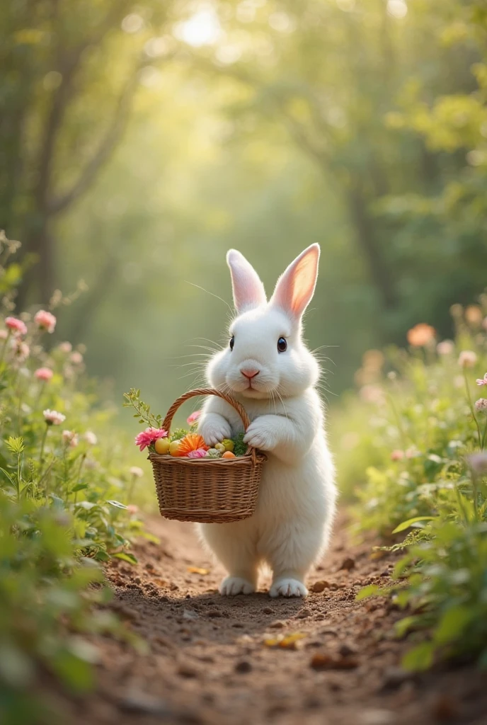 Easter bunny with a basket of colorful eggs in a beautiful field in the background