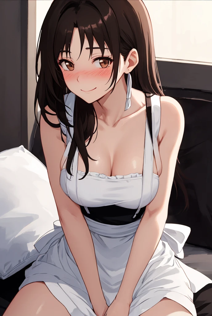 ((Tabletop, highest quality, High resolution, , Pixel perfect, 4K,))), 1 beautiful woman, private teacher、The whole body is visible、 ((Mid-wave hair, bangs, Brown Hair)), ((Brown eyes, Beautiful eyelashes, Realistic eyes)), ((Detailed face, Blushing:1.2)), ((Smooth texture:0.75, Realistic texture:0.65, Realistic:1.1, Anime CG Style)), middle size breast, Dynamic Angle, Perfect body, (( , , 、Frill apron, Maid Costume、Ruffled short sleeve shirt)),Luxury Bedroom、 Lying on the bed、、Very embarrassing panic smile, 、、、、(Floral lace panties are visible、Open your arms、)、Angle from below)、