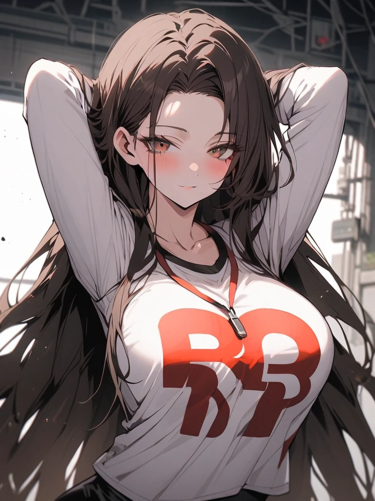 Young girl, long black hair, brown eyes, t-shirt, sports shorts, angry, fighting stance, masterpiece, high quality