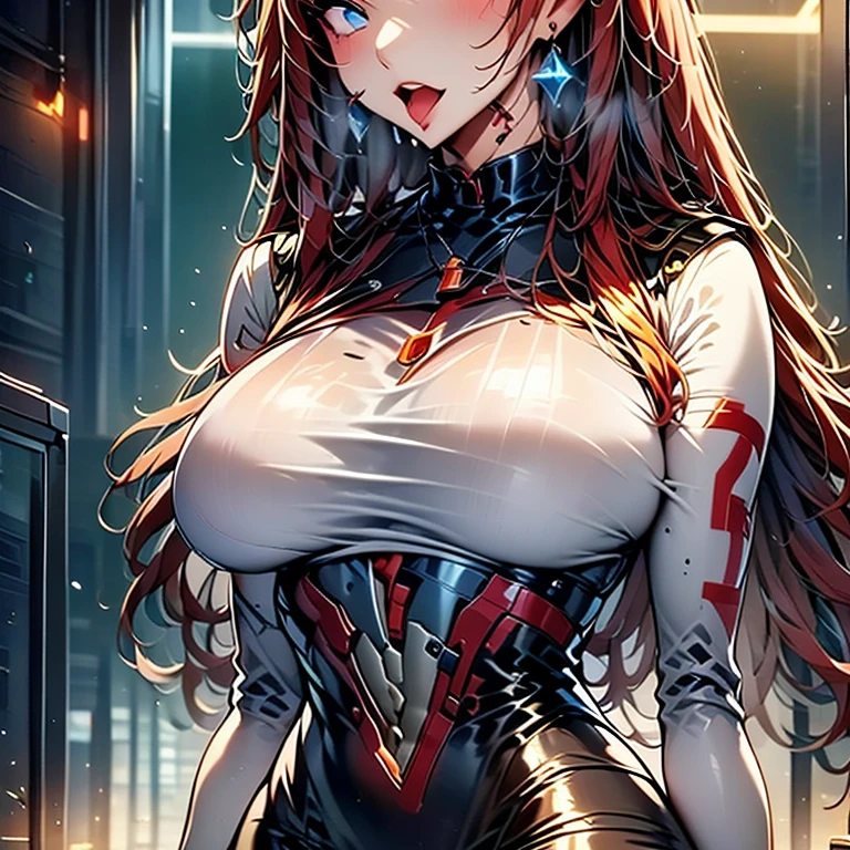 18-year-old girl,Baby Face,Crimson short-haired,ponytail hairstyle,Smile,Huge breasts,cleavage,Sheer red sleeveless top,Leave space in the middle to reveal cleavage,Soaked all over,Blushing,Red eyes,Female spy,Red miniskirt,White gloves,White hand sleeves,White boots,Science fiction,Future,Inside the mecha combat robot warehouse,robot driver,Pistol hanging on waist,No bangs