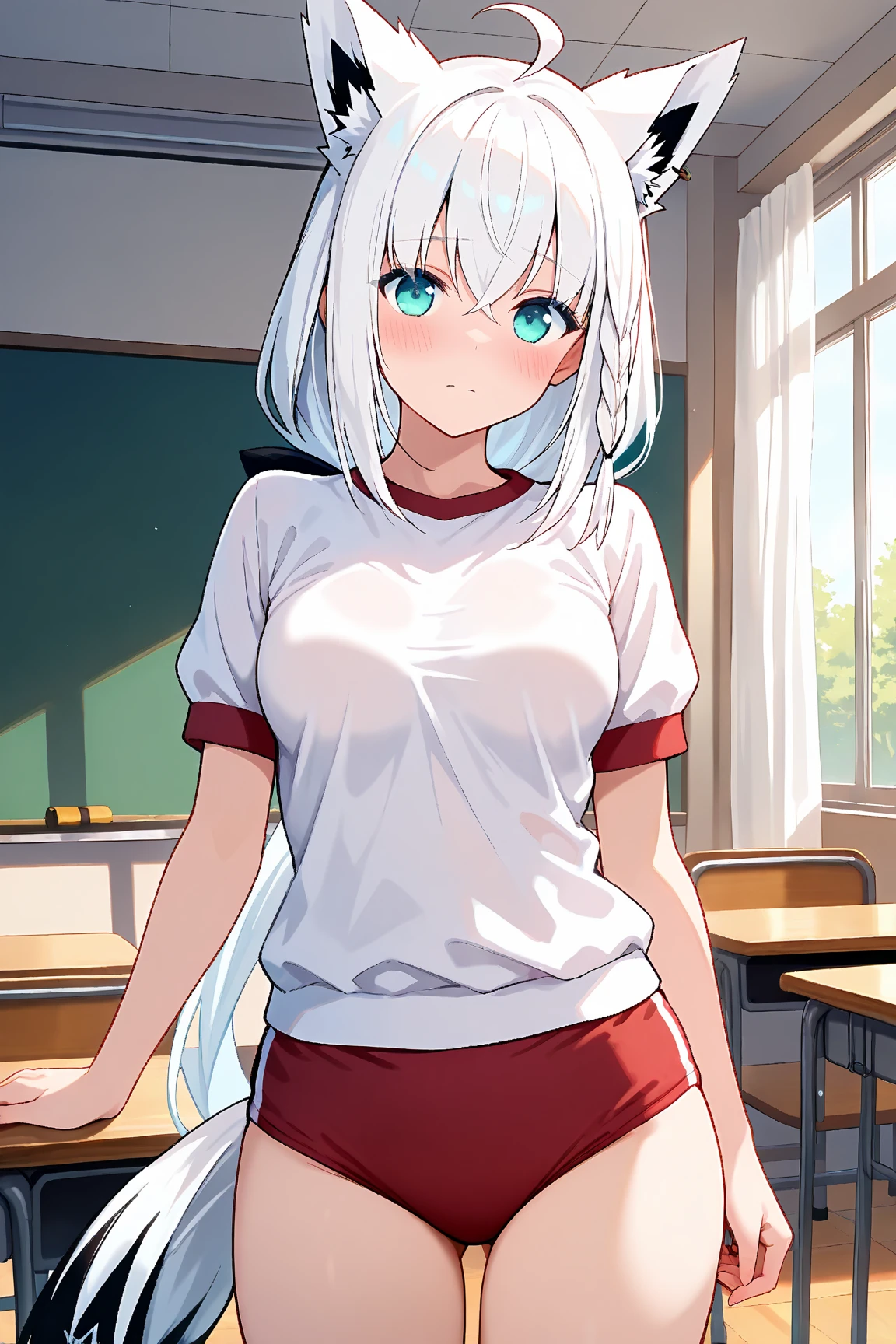 masterpiece, Highest quality, High resolution, Very detailed,(((White Hair Girl))), (((Gym clothes))), classroom