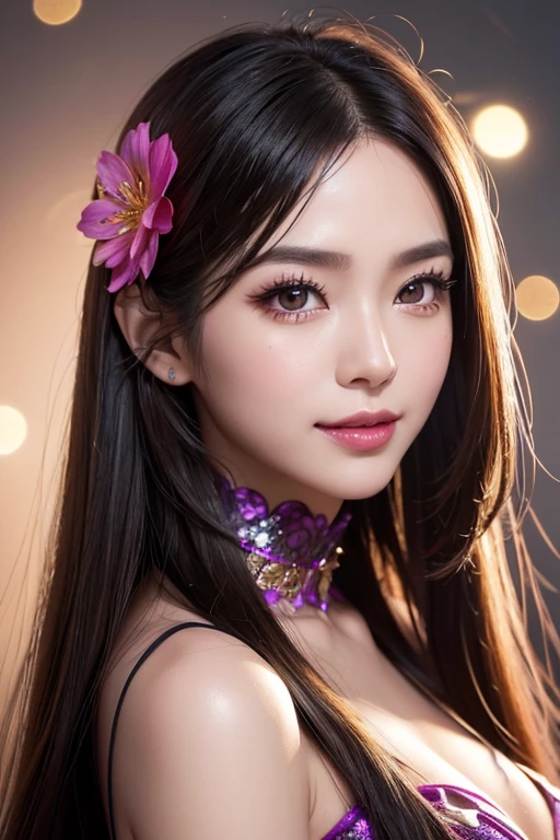 sexy Thai model who controls poison、beautiful smile、lip-gloss、bold lipstick、long lashes、eyeliner、vivid eye-shadow、look at the camera、full body Esbian、、sparkling poisoned flower costume、、、、sparkling Colorful hair、secrete poison、skull hair accessories、sexy tights、shiny sparkling flowers background