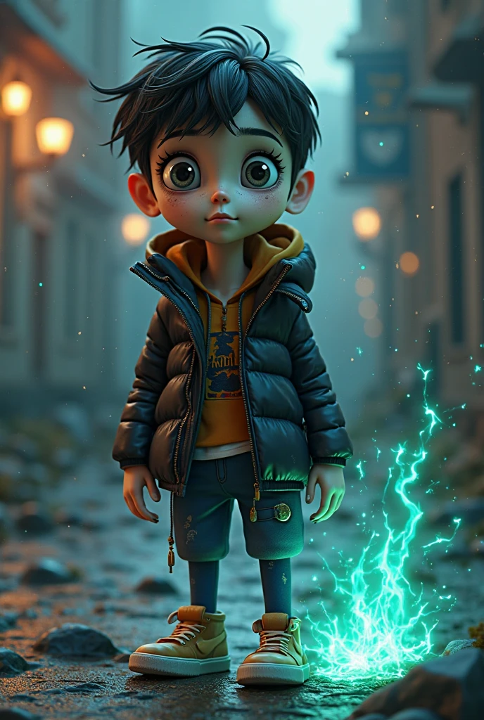A male child with a frightened and mysterious appearance. His black bangs cover his eyes, he wears a wide blue blouse with a large blue hoodie, carries a lit torch in his right hand and wears a baggy black pants. The environment is dark.