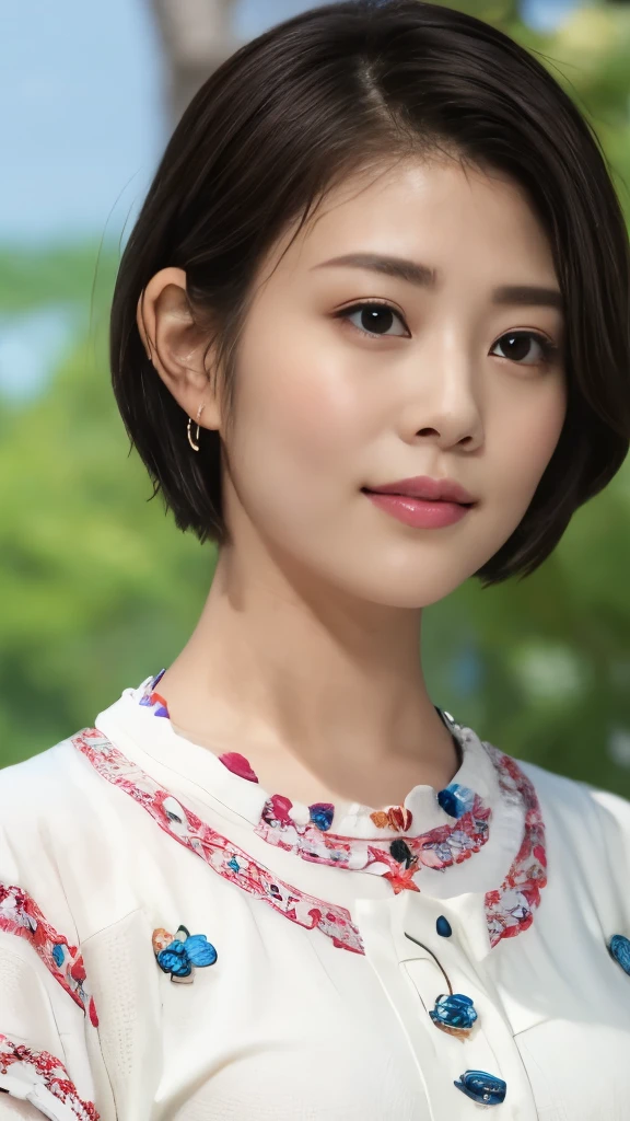 1 Female,Photorealistic,Highest quality,Ultra high definition,8K,Cool Beauty,Beauty,Perfect Style,Summer knitwear,Japanese,、薄い茶髪、,、上半身、歯を見せた笑顔、、ooking at the camera,Very Short Bob