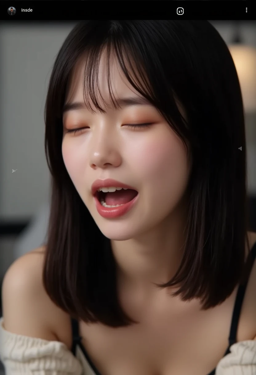 Highest quality,Japanese Idols, Short Hair、bangs、Award-winning photo, Very detailed, Edge Orgasm, Face Focus, (Woman with open mouth and closed eyes ), Age 25、Black Hair、 News anchor、Glowing Skin,From below、Realistic nostrils、Browsing Caution,Shortcuts、Big Breasts、Vibrator prank in public, 公共の場でのBig Breasts女性, She leaned back., (She closed her eyes), she yawns, Hand holding a pink remote control outside the frame, She wants you to stop using vibrators