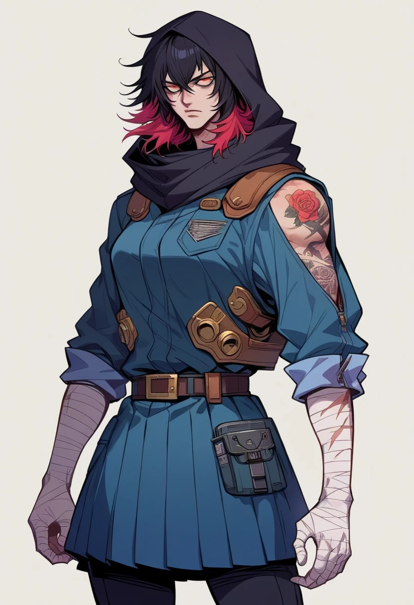 Anime image.(((Annie Lennox))), (((rusty color suit))), (scars), (((bandaged arms))), ((fur hood)), (((best qualityer: 1.4))), (Unbeatable masterpiece), (hiper HD),(CG 8k hyper-realistic), (((brave face))), (((breasts big))), (((hyper feminine))), sexly girl, black tattoo,(ultra short black hair with red highlights)), ((( sculptural body ))), (((1 Kizi))), Kizi tatuada de 25 anos com perfectbody,,Beautiful and well-groomed face,muscular body:1.2,solid color detailed jacket, (Head to thigh photos), Complex equipment, green dark,long pants,Tight clothes are dark,With white stars and off-white stripes,,,,,Armor Metal Electronic Parts, Poison tattoos ) INFO, Kizi, (((standing alone))), pirralha violent, ((())), sexly, pose de atitude, work of art, post-apocalypse, (((manga style))), bounty hunter, violent, Manic, the way you want, slenderbody, thin but strong, perfectbody, roupa moderna, advanced technology, Pleated mini skirt with checkered pattern in red and black, fur collar jacket, sleeves with vertical striped pattern, neutral background, (( cowboy shot )). intricate visual