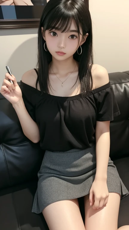 Highest image quality、realistically、Shining beautiful skin、1 woman、Early 20s、Chair、Gravure idol、grace body、rough shirt、skirt、underwear、open your legs for the camera、smile、