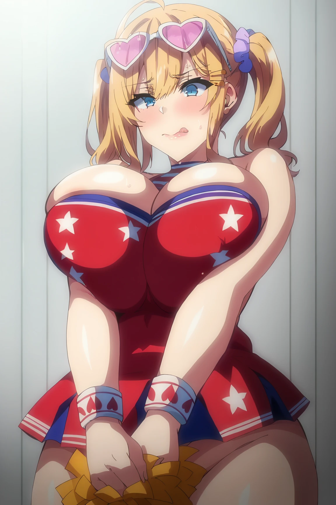 Masterpiece, 8k, 20 old a lady, blonde long hair, Beautiful Skin, Put your hand in your crotch, Blushing, ((Only one person in the bedroom:1.5)), ((Ultra-high definition a beautiful lady anime face:1.5)), (Body Conscious), ((race strapless red and white striped leotard:1.5)), (garter belt), ((latex fish net)), The gesture of taking off clothes, high leg string, bedroom, Embarrassed face, 2 arms, 2 legs, Prostitute lady, Face and body emphasis, Sweating, Crotch Emphasis, sitting cross-legged, Breast visible, Showing breasts