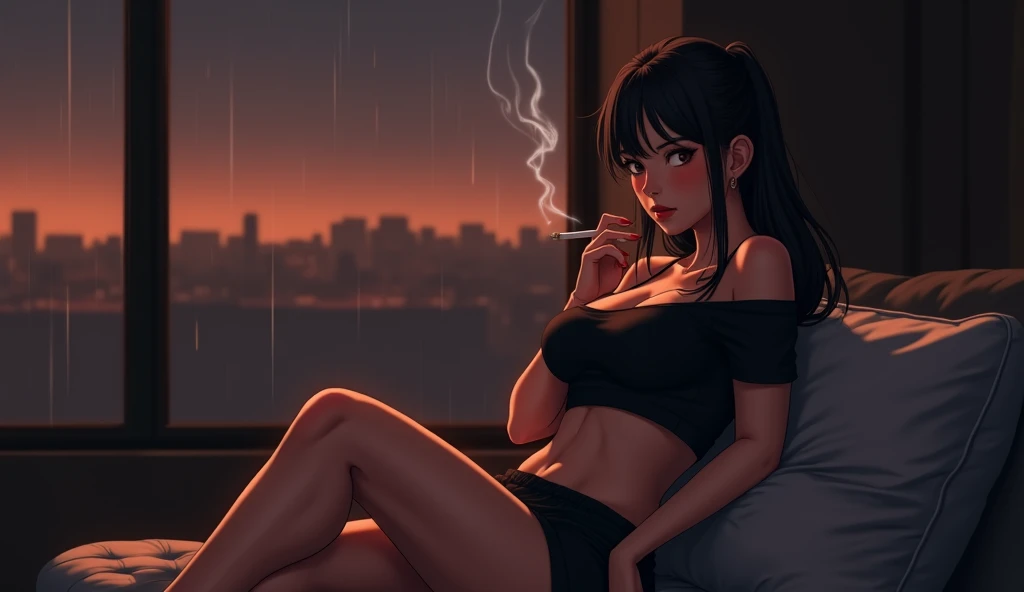 night、Girl listening to music in a cozy room, Use headphones, 2D Style Anime, Rain outside the window、Analog Color Theme、Ghibli style、neon, naked, completly naked, close up, detailed background, chill, detailed outdoor, detailed face, city light, long hair, smile, large breast