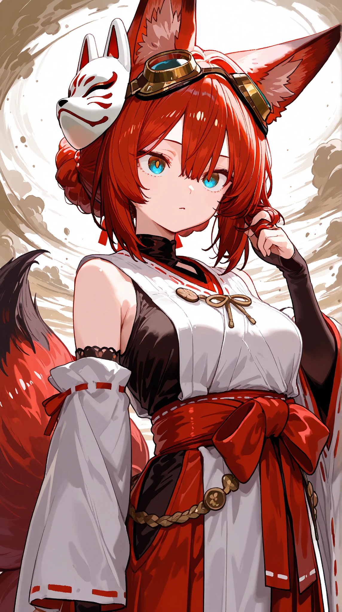 best quality, masterpiece, highres, solo, {white kimono:1.35}, {red hakama:1.35}, {wide sleeves:1.20}, {megu_bluearchive:1.15}, red_hair, horns, breasts, blue_eyes, bangs, pointy_ears, large_breasts, smile, blush, long_hair, open_mouth, ponytail, cleavage, hair_ornament, goggles, fang, goggles_on_head, halo