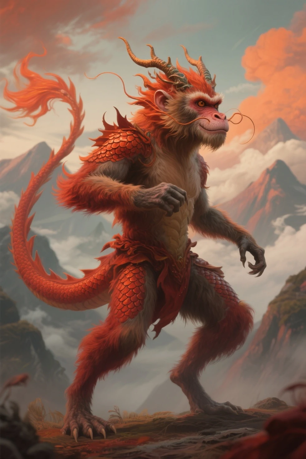 Red muscular monkey king with monster snake's 
