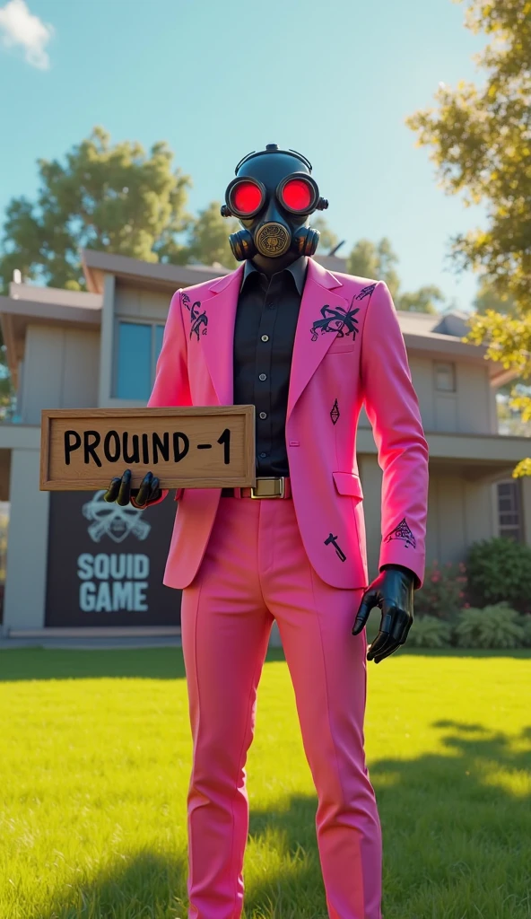 Men wearing purple clothes, devil mask