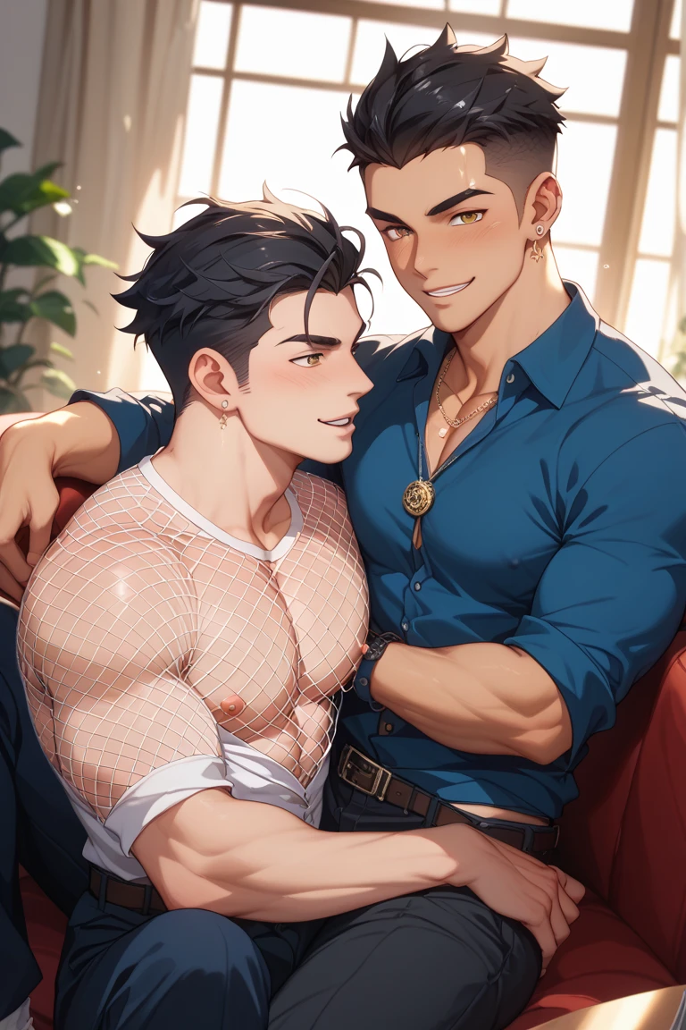 Anime style, oil painting, A muscular Man stands behind the back of an elegant young elf Justin Bieber Boy, guy, hugs him tightly, covers his crotch with one hand, He turned it around, bent it over, pressed it against his hips. aesthetically beautiful erotically tempts seduces offers himself
